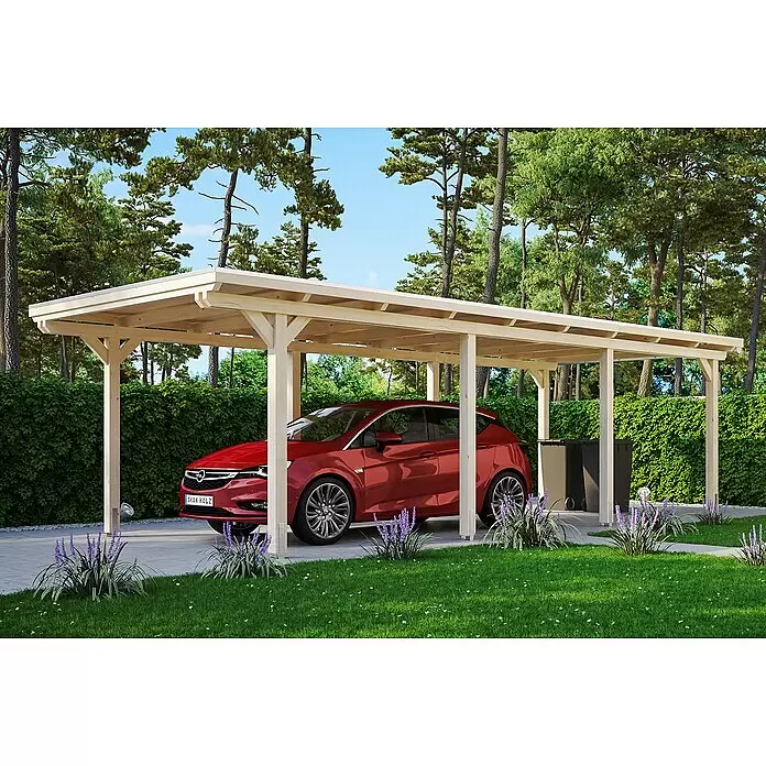 SKAN HOLZ Carport Emsland - Außenmaß inkl. Dachüberstand (B x T): 3,54 x 8,46 m, Einzelcarport, Natur, Materialspezifizierung Dach: Aluminium-Dachplatten, Ohne Abstellraum - Anwendungsbeispiel