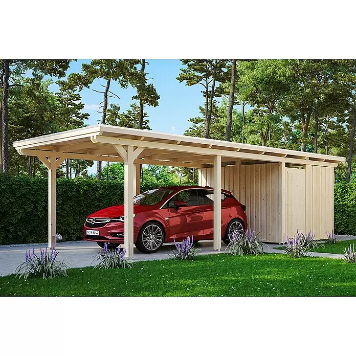SKAN HOLZ Carport Emsland - Außenmaß inkl. Dachüberstand (B x T): 3,54 x 8,46 m, Einzelcarport, Natur, Materialspezifizierung Dach: Aluminium-Dachplatten, Mit Abstellraum - Anwendungsbeispiel