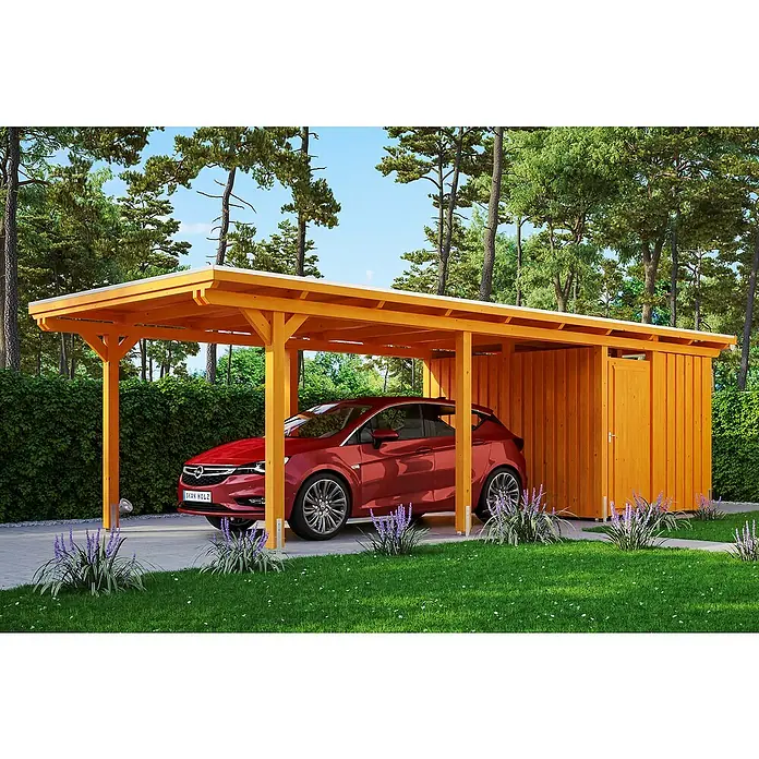 SKAN HOLZ Carport Emsland - Außenmaß inkl. Dachüberstand (B x T): 3,54 x 8,46 m, Einzelcarport, Eiche Hell, Materialspezifizierung Dach: Aluminium-Dachplatten, Mit Abstellraum - Ein modernes Carport mit Geräteschuppen aus Holz, ideal zum Schutz Ihres Autos und zur Aufbewahrung von Gartengeräten.