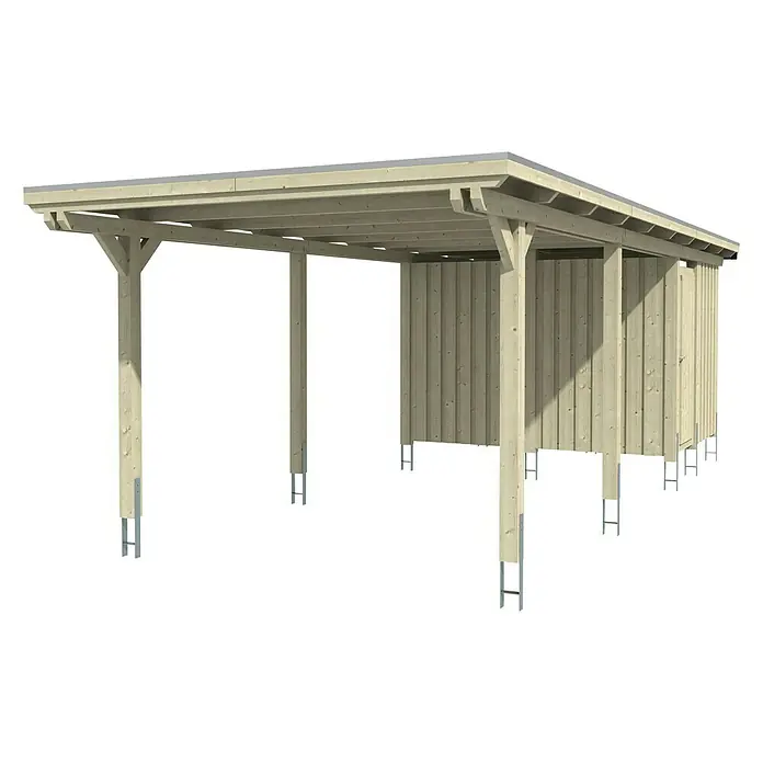 SKAN HOLZ Carport Emsland - Außenmaß inkl. Dachüberstand (B x T): 3,54 x 8,46 m, Einzelcarport, Weiß, Materialspezifizierung Dach: EPDM-Folie, Fichte, Mit Abstellraum - Ansicht eines Carports aus hellem Holz mit einem Flachdach und seitlichen Wänden, die zusätzlichen Schutz bieten und auf Metallankern stehen.