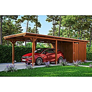 Skan Holz Carport Emsland (Außenmaß inkl. Dachüberstand (B x T): 3,54 x 8,46 m, Einzelcarport, Nussbaum, Materialspezifizierung Dach: Aluminium-Dachplatten, Mit Abstellraum)