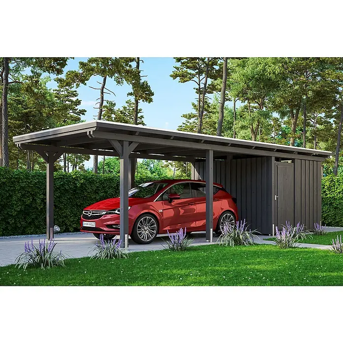 SKAN HOLZ Carport Emsland - Außenmaß inkl. Dachüberstand (B x T): 3,54 x 8,46 m, Einzelcarport, Schiefergrau, Materialspezifizierung Dach: Aluminium-Dachplatten, Mit Abstellraum - Carport mit Geräteraum und rotem Auto. Das Carport ist aus Holz gefertigt und bietet Schutz für das Fahrzeug und zusätzlichen Stauraum.