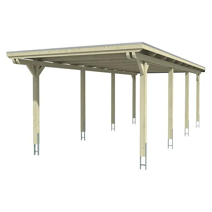 SKAN HOLZ Carport Emsland - Außenmaß inkl. Dachüberstand (B x T): 3,54 x 8,46 m, Einzelcarport, Weiß, Materialspezifizierung Dach: Aluminium-Dachplatten - Das Bild zeigt ein Carport mit Holzkonstruktion, das auf Metallfüßen steht. Es bietet Schutz für Fahrzeuge und andere Gegenstände vor Witterungseinflüssen.