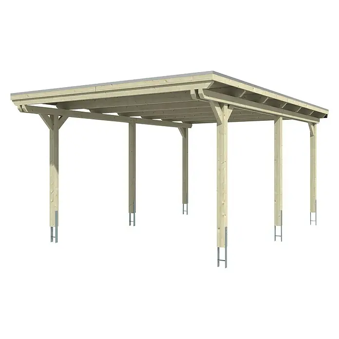SKAN HOLZ Carport Emsland - Außenmaß inkl. Dachüberstand (B x T): 4,04 x 6,04 m, Einzelcarport, Natur, Materialspezifizierung Dach: EPDM-Folie, Fichte - Holzcarport mit Flachdach und sechs Stützpfosten. Das Carport ist aus hellem Holz gefertigt und steht auf einem schwarzen Untergrund.