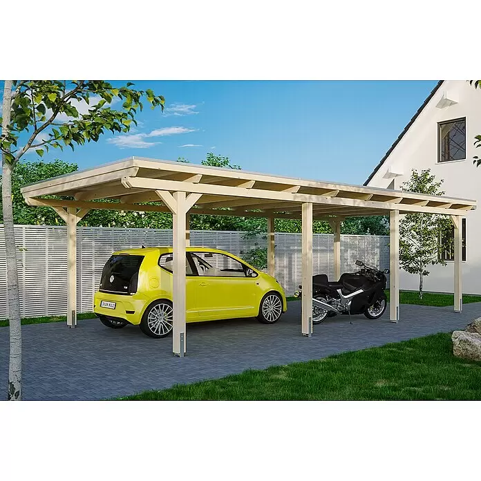 SKAN HOLZ Carport Emsland - Außenmaß inkl. Dachüberstand (B x T): 4,04 x 8,46 m, Einzelcarport, Natur, Materialspezifizierung Dach: Aluminium - Anwendungsbeispiel