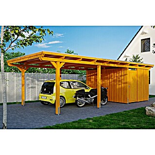 Skan Holz Carport Emsland (Außenmaß inkl. Dachüberstand (B x T): 4,04 x 8,46 m, Einzelcarport, Eiche Hell, Materialspezifizierung Dach: Aluminium, Mit Abstellraum)