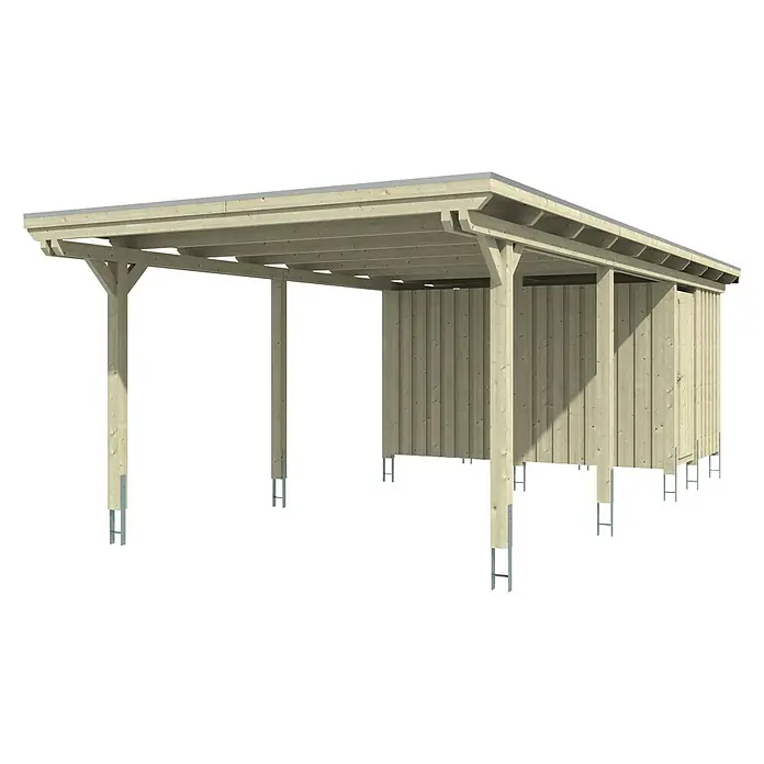 SKAN HOLZ Carport Emsland - Außenmaß inkl. Dachüberstand (B x T): 4,04 x 8,46 m, Einzelcarport, Natur, Materialspezifizierung Dach: Aluminium, Mit Abstellraum - Das Bild zeigt einen Carport mit Holzstruktur und Metallstützen, ideal für den Schutz von Fahrzeugen vor Witterungseinflüssen.