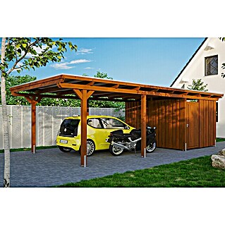 Skan Holz Carport Emsland (Außenmaß inkl. Dachüberstand (B x T): 4,04 x 8,46 m, Einzelcarport, Nussbaum, Materialspezifizierung Dach: Aluminium, Mit Abstellraum)