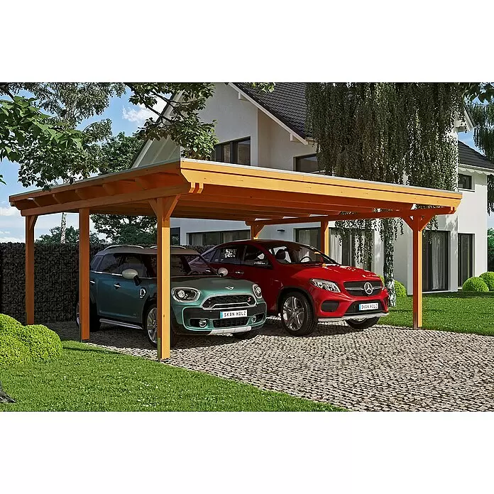 Skan Holz Carport EmslandAußenmaß inkl. Dachüberstand (B x T): 6,13 x 6,04 m, Doppelcarport, Eiche Hell, Materialspezifizierung Dach: Aluminium-Dachplatten