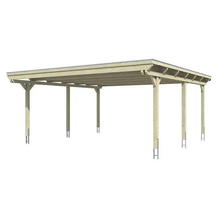 Skan Holz Carport EmslandAußenmaß inkl. Dachüberstand (B x T): 6,13 x 6,04 m, Doppelcarport, Eiche Hell, Materialspezifizierung Dach: Aluminium-Dachplatten - Carport aus Holz mit Flachdach und sichtbarer Holzkonstruktion. Ideal für den Schutz Ihres Fahrzeugs vor Witterungseinflüssen.