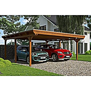 Skan Holz Carport Emsland (Außenmaß inkl. Dachüberstand (B x T): 6,13 x 6,04 m, Doppelcarport, Nussbaum, Materialspezifizierung Dach: Aluminium-Dachplatten)