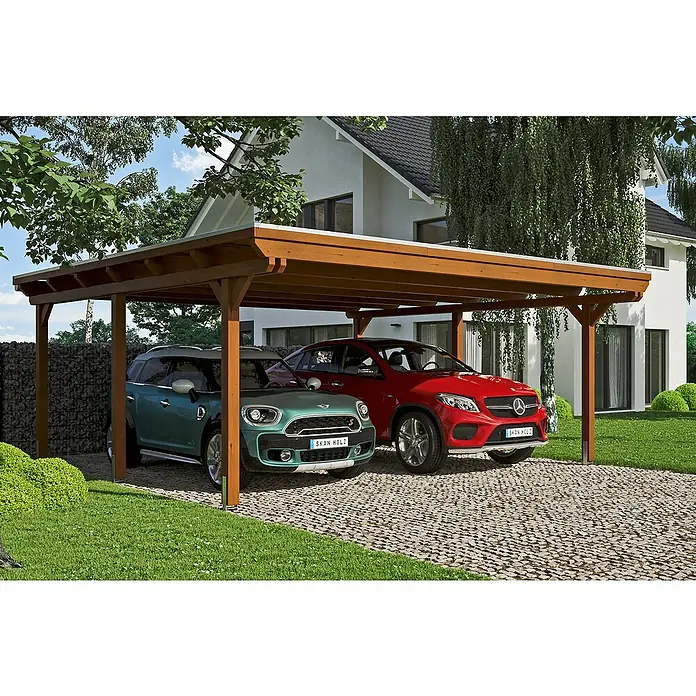 Skan Holz Carport EmslandAußenmaß inkl. Dachüberstand (B x T): 6,13 x 6,04 m, Doppelcarport, Nussbaum, Materialspezifizierung Dach: Aluminium-Dachplatten - Ein Carport aus Holz mit zwei geparkten Autos darunter, das vor Sonne und Regen schützt. Stilvolle Ergänzung für jedes Zuhause.