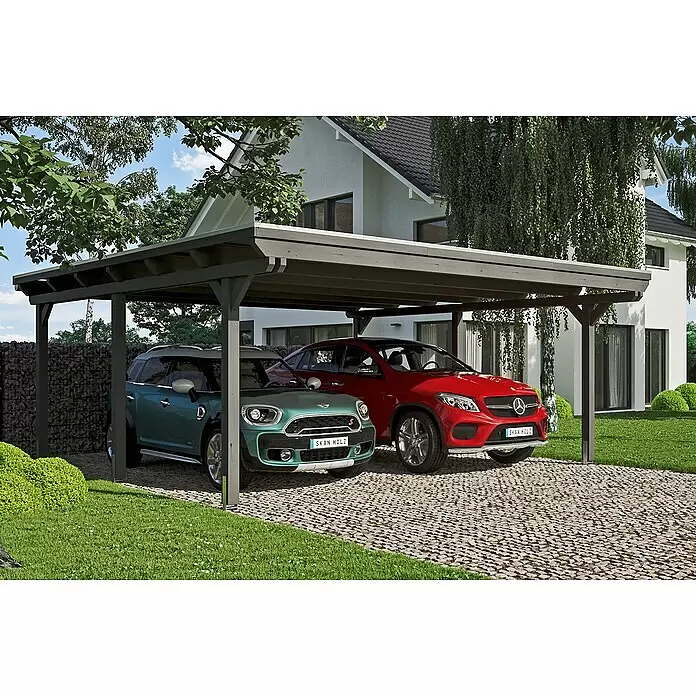 Skan Holz Carport EmslandAußenmaß inkl. Dachüberstand (B x T): 6,13 x 6,04 m, Doppelcarport, Schiefergrau, Materialspezifizierung Dach: EPDM-Folie, Fichte