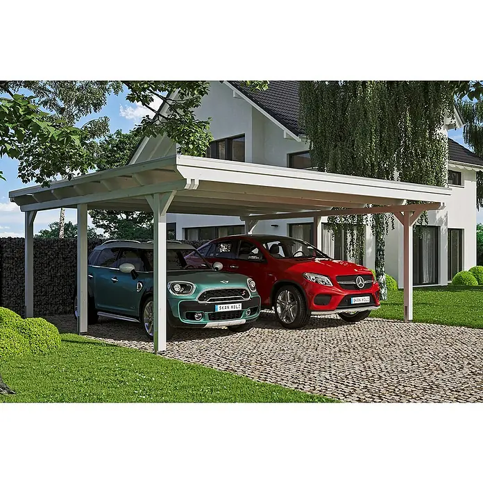 SKAN HOLZ Carport Emsland - Außenmaß inkl. Dachüberstand (B x T): 6,13 x 6,04 m, Doppelcarport, Weiß, Materialspezifizierung Dach: Aluminium-Dachplatte - Ein Doppelcarport aus Holz mit zwei geparkten Autos, einem Mini Cooper und einem roten Mercedes, im Freien.