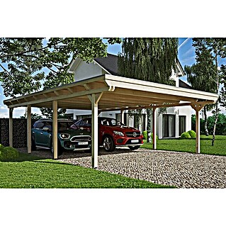 Skan Holz Carport Emsland (Außenmaß inkl. Dachüberstand (B x T): 6,13 x 8,46 m, Doppelcarport, Natur, Fichte, Ohne Abstellraum)