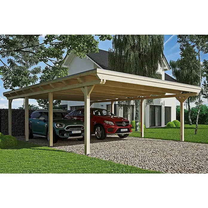 SKAN HOLZ Carport Emsland - Außenmaß inkl. Dachüberstand (B x T): 6,13 x 8,46 m, Doppelcarport, Natur, EPDM-Folie, Fichte, Ohne Abstellraum - Ein Carport aus Holz mit zwei geparkten Autos darunter, ein grüner Mini Cooper und ein roter Mercedes GLA.