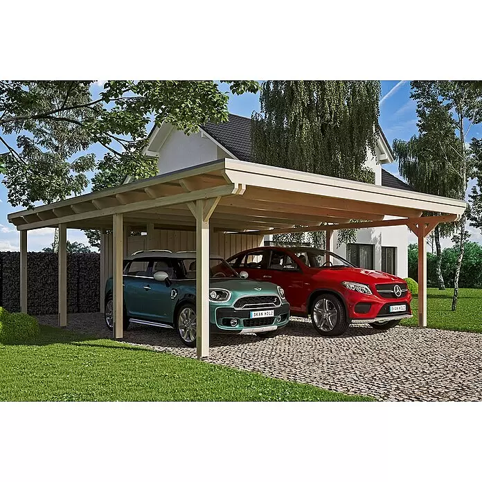 SKAN HOLZ Carport Emsland - Außenmaß inkl. Dachüberstand (B x T): 6,13 x 8,46 m, Doppelcarport, Natur, Mit Abstellraum, Dachschalung mit EPDM-Folie - Anwendungsbeispiel