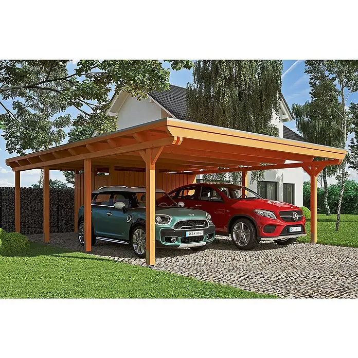 SKAN HOLZ Carport Emsland - Außenmaß inkl. Dachüberstand (B x T): 6,13 x 8,46 m, Doppelcarport, Eiche Hell, Mit Abstellraum, Aluminium-Dachplatten - Carport aus Holz mit zwei geparkten Autos. Der Carport bietet Schutz für Fahrzeuge und fügt sich nahtlos in die Umgebung ein.