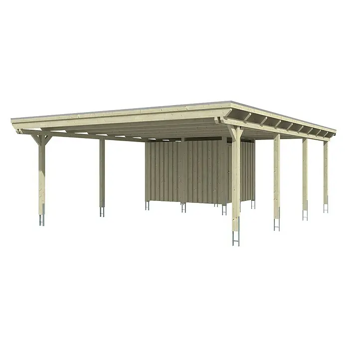 SKAN HOLZ Carport Emsland - Außenmaß inkl. Dachüberstand (B x T): 6,13 x 8,46 m, Doppelcarport, Natur, Mit Abstellraum, Dachschalung mit EPDM-Folie - Eine Holzkonstruktion mit Carport-Funktion, bietet Schutz für Fahrzeuge und zusätzliche Lagerfläche, ideal für den Außenbereich.