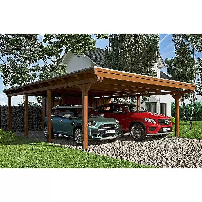 SKAN HOLZ Carport Emsland - Außenmaß inkl. Dachüberstand (B x T): 6,13 x 8,46 m, Doppelcarport, Nussbaum, Mit Abstellraum, Dachschalung mit EPDM-Folie - Anwendungsbeispiel