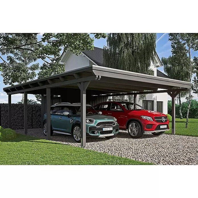 SKAN HOLZ Carport Emsland - Außenmaß inkl. Dachüberstand (B x T): 6,13 x 8,46 m, Doppelcarport, Schiefergrau, Aluminium-Dachplatten, Mit Abstellraum - Anwendungsbeispiel