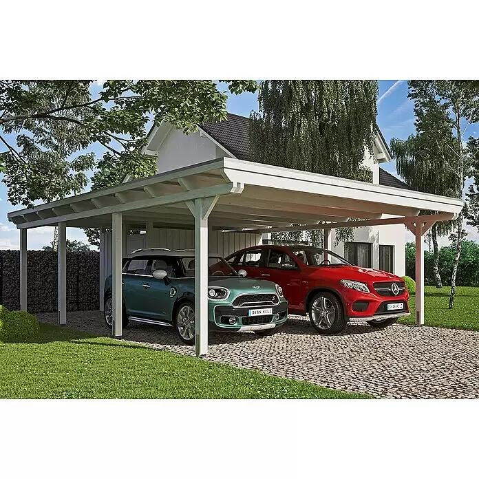 SKAN HOLZ Carport Emsland - Außenmaß inkl. Dachüberstand (B x T): 6,13 x 8,46 m, Doppelcarport, Weiß, Mit Abstellraum, Dachschalung mit EPDM-Folie - Anwendungsbeispiel