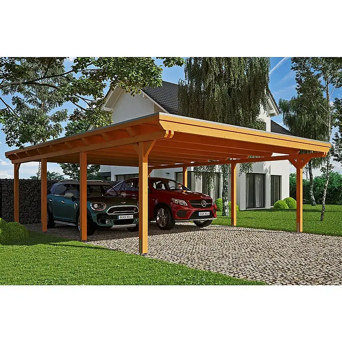 SKAN HOLZ Carport Emsland - Außenmaß inkl. Dachüberstand (B x T): 6,13 x 8,46 m, Doppelcarport, Eiche Hell, Aluminium-Dachplatten, Ohne Abstellraum - Ein Carport aus Holz mit zwei Autos darunter. Der Holzcarport bietet Schutz vor Witterungseinflüssen und fügt sich gut in den Garten ein.