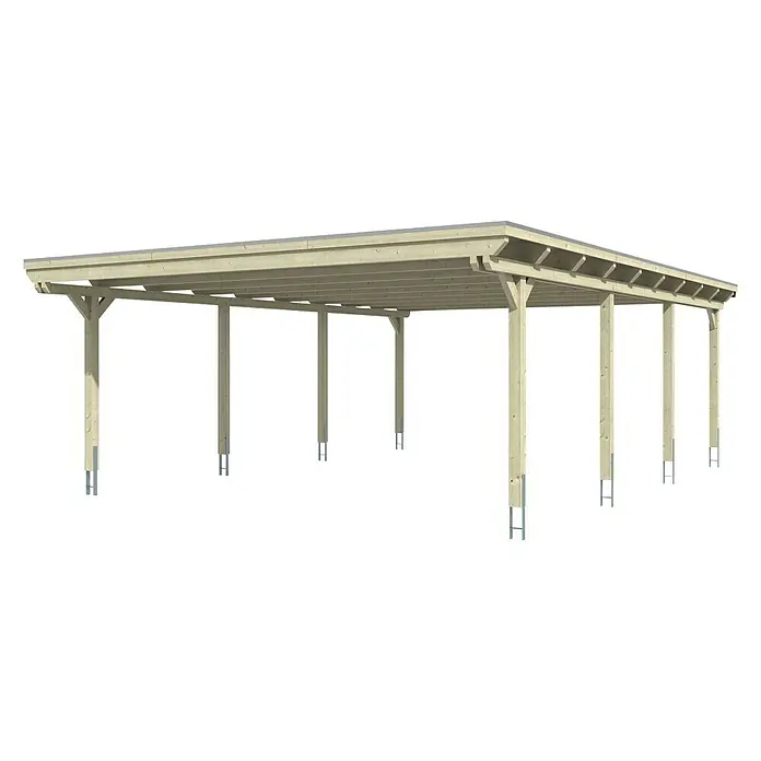 SKAN HOLZ Carport Emsland - Außenmaß inkl. Dachüberstand (B x T): 6,13 x 8,46 m, Doppelcarport, Natur, EPDM-Folie, Fichte, Ohne Abstellraum - Holzcarport mit Flachdach und mehreren Stützpfeilern zur sicheren Unterbringung von Fahrzeugen oder als überdachte Terrasse.