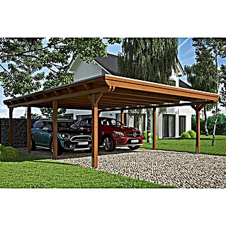 Skan Holz Carport Emsland (Außenmaß inkl. Dachüberstand (B x T): 6,13 x 8,46 m, Doppelcarport, Nussbaum, Aluminium-Dachplatten, Ohne Abstellraum)