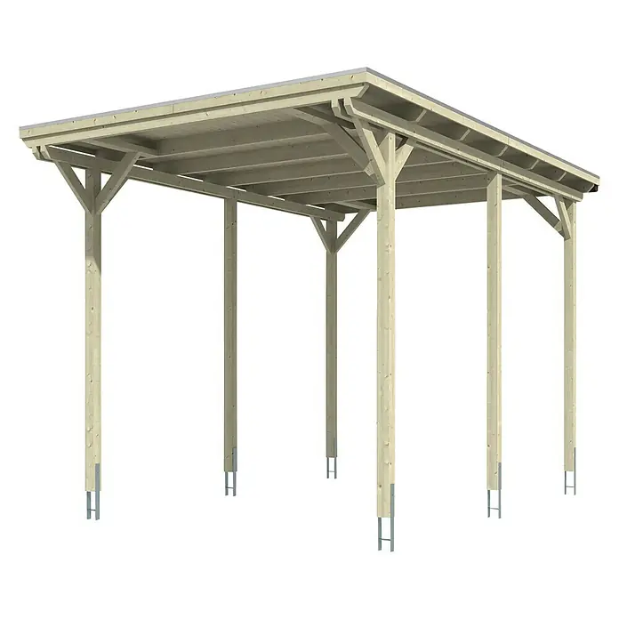 Skan Holz Carport EmslandAußenmaß inkl. Dachüberstand (B x T): 4,04 x 6,04 m, Einzelcarport, Carport geeignet für: Caravans, Natur - Abbildung eines Holzcarports mit sechs Stützen und einem Flachdach. Eine robuste und stilvolle Lösung zum Schutz von Fahrzeugen.