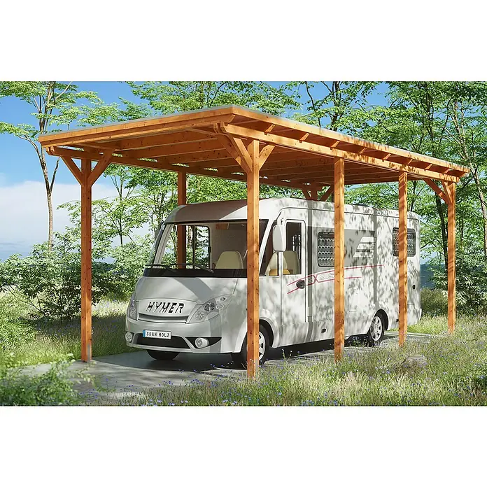 Skan Holz Carport EmslandAußenmaß inkl. Dachüberstand (B x T): 4,04 x 8,46 m, Einzelcarport, Carport geeignet für: Caravans, Eiche Hell - Eine Wohnmobil-Überdachung aus Holz, die Schutz vor Witterungseinflüssen bietet und gleichzeitig optisch ansprechend ist.