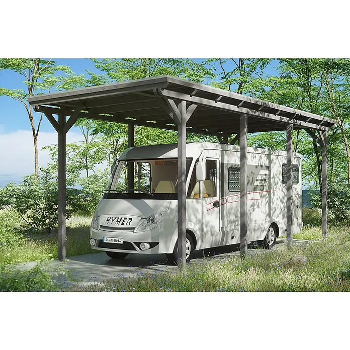 Skan Holz Carport EmslandAußenmaß inkl. Dachüberstand (B x T): 4,04 x 8,46 m, Einzelcarport, Carport geeignet für: Caravans, Schiefergrau - Überdachter Stellplatz für ein Wohnmobil. Der Carport schützt das Fahrzeug vor Witterungseinflüssen und bietet einen sicheren Unterstand.