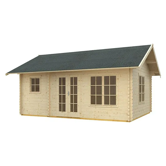 SKAN HOLZ Gartenhaus Esbjerg 2 - Außenmaß inkl. Dachüberstand (B x T): 520 x 660 cm, Holz, Natur - Abbildung eines Holzgartenhauses mit dunklem Dach, das eine charmante und natürliche Ergänzung für jeden Garten darstellt.
