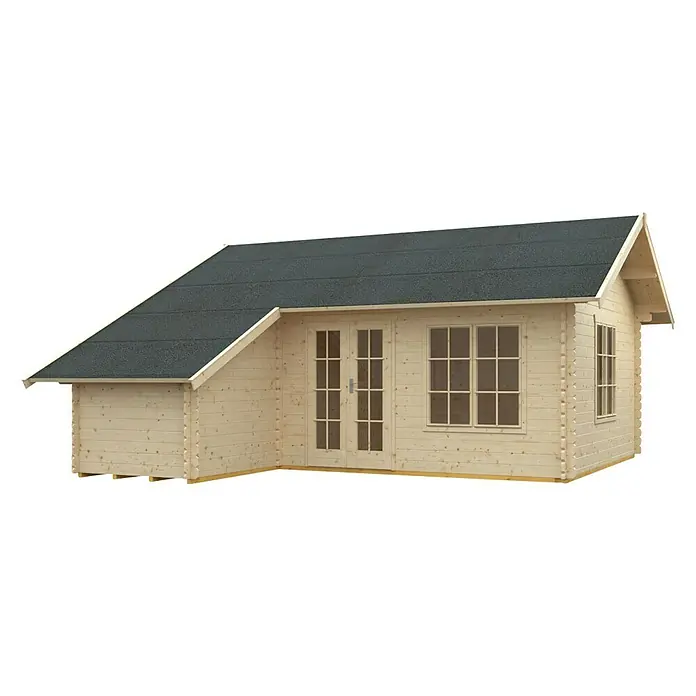 SKAN HOLZ Gartenhaus Esbjerg 3 - Außenmaß inkl. Dachüberstand (B x T): 720 x 660 cm, Holz, Natur - Ein geräumiges Blockhaus mit grauem Dach und Fenstern, ideal für den Garten oder als zusätzlicher Wohnraum.