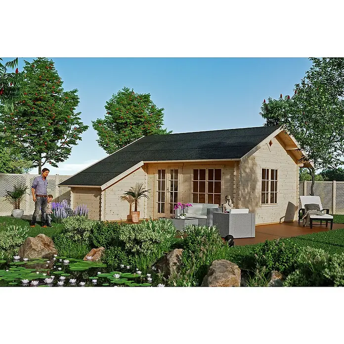 SKAN HOLZ Gartenhaus Esbjerg 3 - Außenmaß inkl. Dachüberstand (B x T): 720 x 660 cm, Holz, Natur - Geräumiges Blockhaus mit dunklem Dach inmitten eines üppigen Gartens mit Teich. Ideal als Gartenhaus oder Gästehaus.