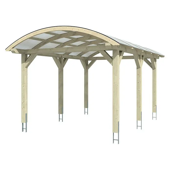 SKAN HOLZ Carport Franken - Außenmaß inkl. Dachüberstand (B x T): 3,76 x 5,41 m, Einzelcarport, Weiß - Die Abbildung zeigt eine moderne Holzpergola mit gewölbtem Dach und transparenten Paneelen, ideal für Garten oder Terrasse.