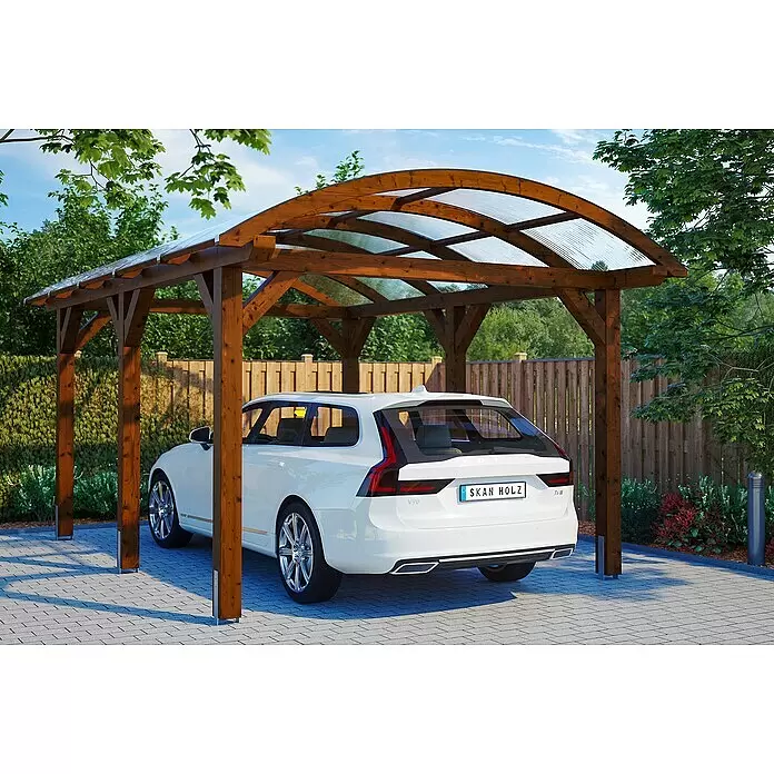 SKAN HOLZ Carport Franken - Außenmaß inkl. Dachüberstand (B x T): 3,76 x 5,41 m, Einzelcarport, Nussbaum - Anwendungsbeispiel
