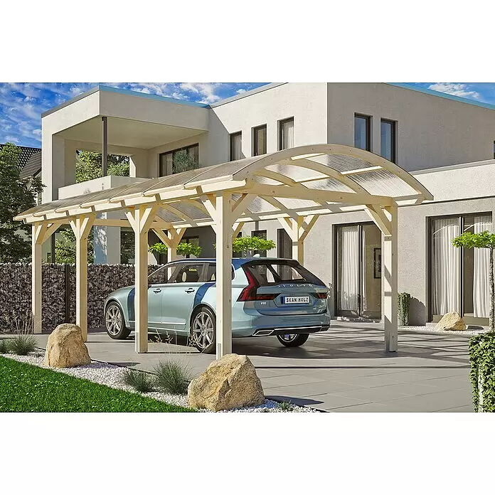 SKAN HOLZ Carport Franken - Außenmaß inkl. Dachüberstand (B x T): 3,76 x 7,55 m, Einzelcarport, Natur - Anwendungsbeispiel