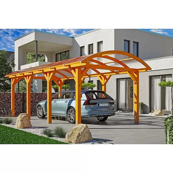 SKAN HOLZ Carport Franken - Außenmaß inkl. Dachüberstand (B x T): 3,76 x 7,55 m, Einzelcarport, Eiche Hell - Anwendungsbeispiel