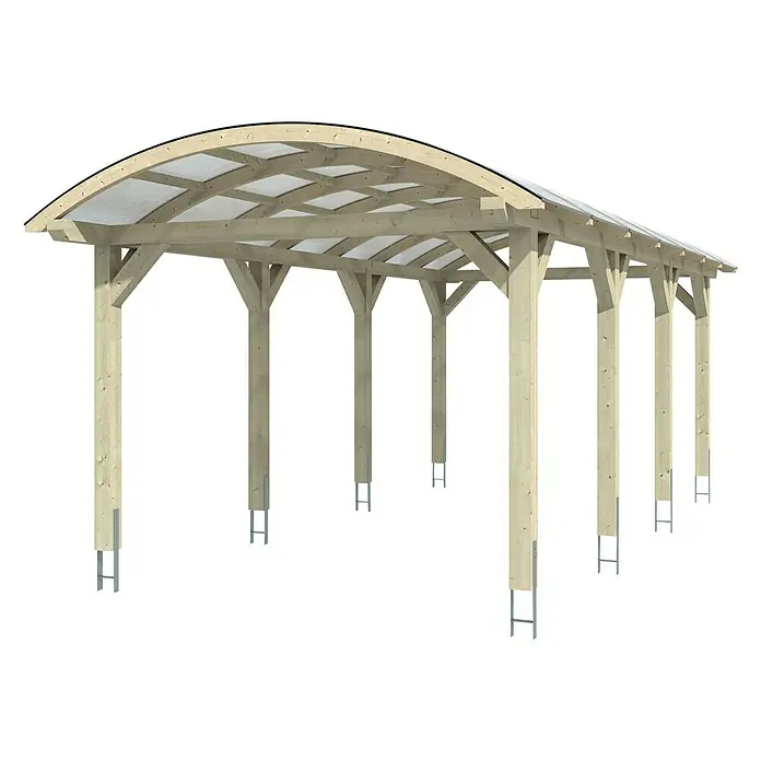 SKAN HOLZ Carport Franken - Außenmaß inkl. Dachüberstand (B x T): 3,76 x 7,55 m, Einzelcarport, Natur - Carport aus Holz mit gewölbtem Dach und durchscheinender Abdeckung, stabile Bauweise für optimalen Schutz des Fahrzeugs.