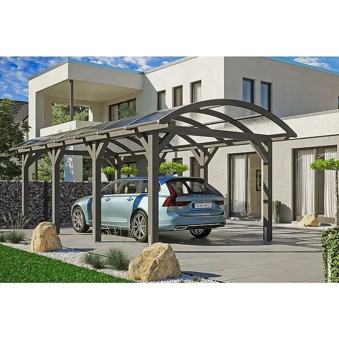 SKAN HOLZ Carport Franken - Außenmaß inkl. Dachüberstand (B x T): 3,76 x 7,55 m, Einzelcarport, Schiefergrau - Ein Carport mit stilvollem Design, der ein blaues Auto schützt. Moderne Architektur mit klaren Linien und natürlicher Umgebung.