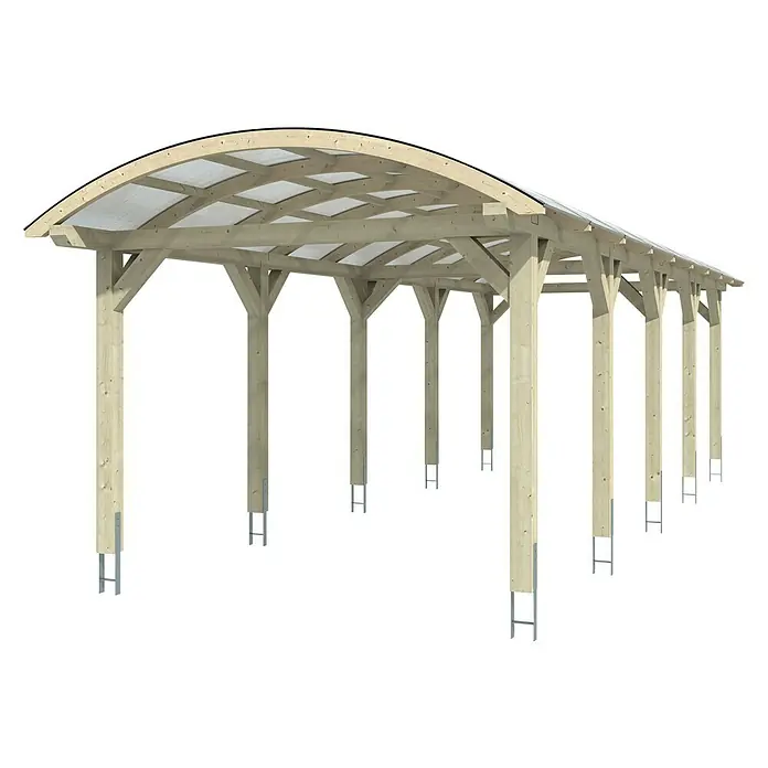 SKAN HOLZ Carport Franken - Außenmaß inkl. Dachüberstand (B x T): 3,76 x 9,69 m, Einzelcarport, Weiß - Detailansicht einer Holzkonstruktion mit durchsichtigem Dach. Die Bauweise bietet einen modernen und wettergeschützten Unterstand.