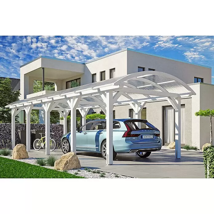 SKAN HOLZ Carport Franken - Außenmaß inkl. Dachüberstand (B x T): 3,76 x 9,69 m, Einzelcarport, Weiß - Anwendungsbeispiel