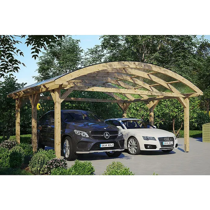 SKAN HOLZ Carport Franken - Außenmaß inkl. Dachüberstand (B x T): 6,35 x 5,41 m, Doppelcarport, Natur - Ein Carport aus Holz mit zwei geparkten Autos, ein dunkler Mercedes und ein weißer Audi, im Freien.