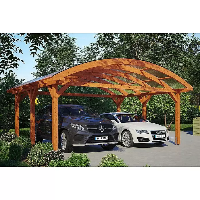 SKAN HOLZ Carport Franken - Außenmaß inkl. Dachüberstand (B x T): 6,35 x 5,41 m, Doppelcarport, Eiche Hell - Anwendungsbeispiel