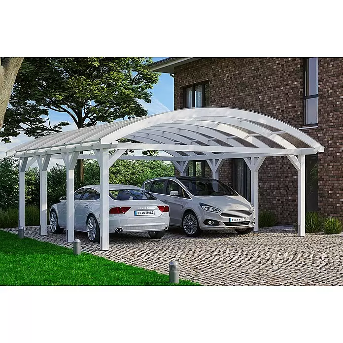 SKAN HOLZ Carport Franken - Außenmaß inkl. Dachüberstand (B x T): 6,35 x 7,55 m, Doppelcarport, Weiß - Anwendungsbeispiel
