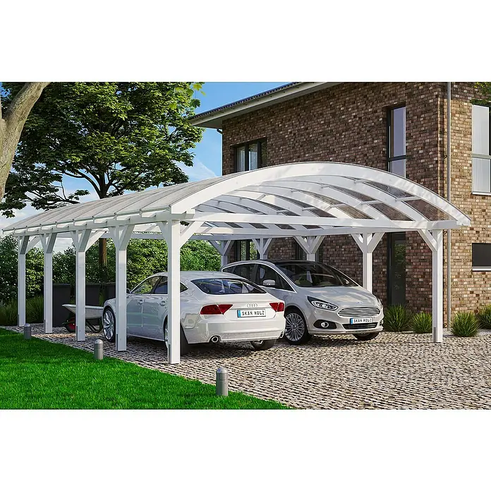 Skan Holz Carport FrankenAußenmaß inkl. Dachüberstand (B x T): 6,35 x 9,69 m, Doppelcarport, Weiß - Ein Carport mit zwei Autos darunter bietet Schutz vor Witterungseinflüssen. Ideal für jedes Zuhause.