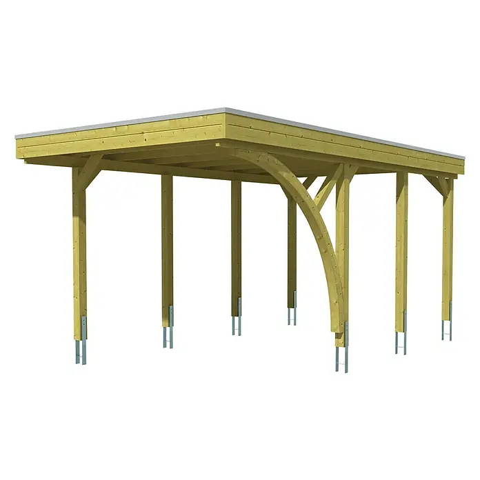 SKAN HOLZ Carport Friesland - Außenmaß inkl. Dachüberstand (B x T): 3,14 x 5,55 m, Einzelcarport, Grün, Mit 1 Einfahrtsbogen - Holzcarport mit Flachdach. Der Carport ist aus hellem Holz gefertigt und steht auf mehreren Pfosten.