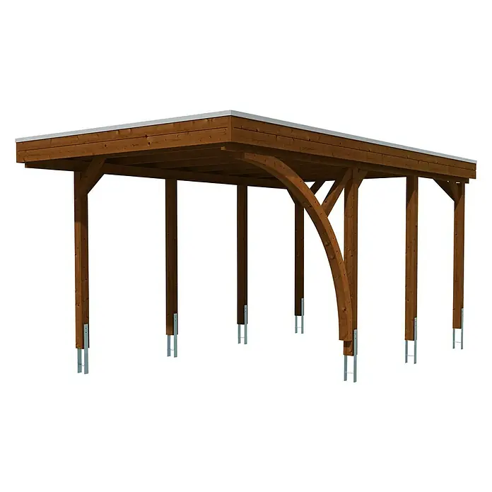 SKAN HOLZ Carport Friesland - Außenmaß inkl. Dachüberstand (B x T): 3,14 x 5,55 m, Einzelcarport, Nussbaum, Mit 1 Einfahrtsbogen - Holzcarport mit einem hellgrauen Dach und stabilen Pfosten, ideal als Unterstand für Fahrzeuge oder als schattiger Platz im Garten.
