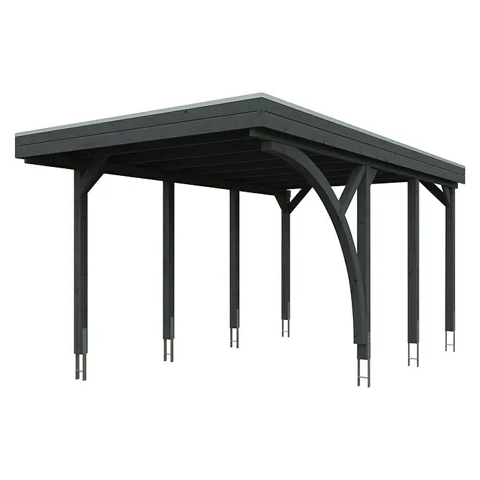 SKAN HOLZ Carport Friesland - Außenmaß inkl. Dachüberstand (B x T): 3,14 x 5,55 m, Einzelcarport, Schiefergrau, Mit 1 Einfahrtsbogen - Dunkelgrauer Carport mit Flachdach, gestützt durch mehrere Pfosten. Ein eleganter und funktioneller Wetterschutz für Fahrzeuge und mehr.